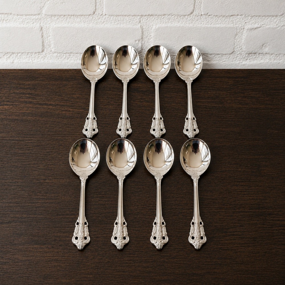 Baroque Scroll Teaspoon Set of 8 Ornate Pierced Handle Silverware Keawell 18/10